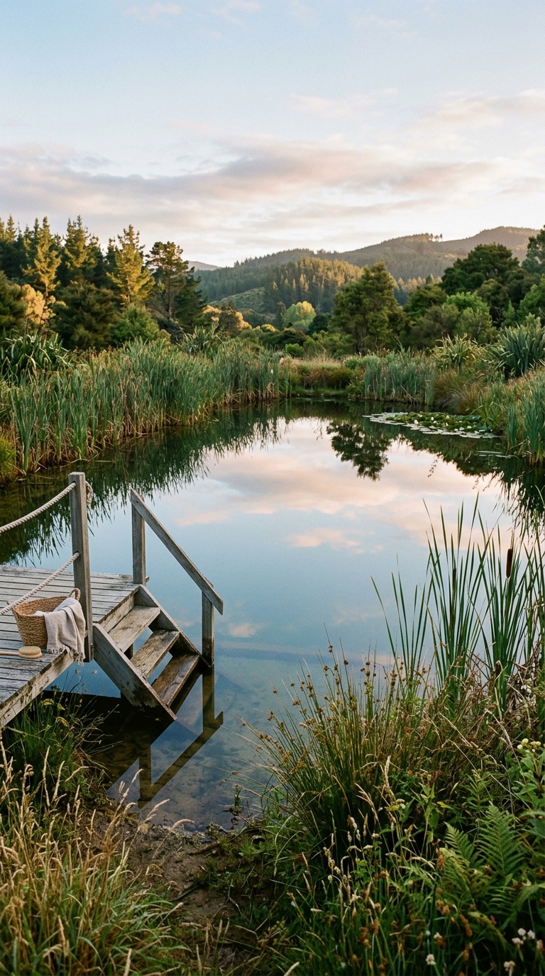 Calm natural swimming pool with reflective water bordered by reed beds