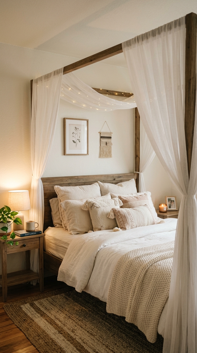 A draped fabric canopy adds a dreamy touch to this renter-friendly bedroom decorating idea.