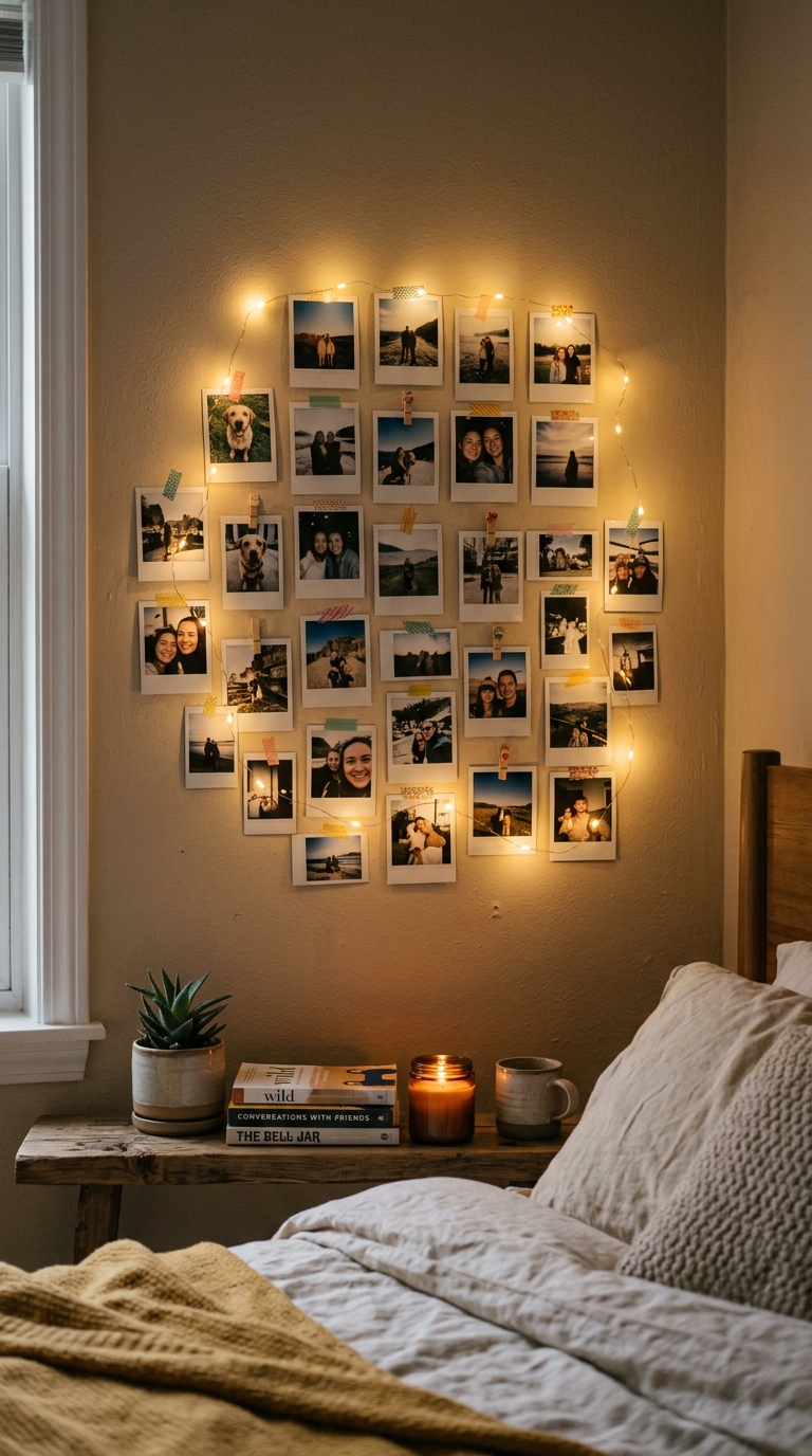 A command-strip photo wall creates a personal, renter-friendly bedroom decorating idea with no nails needed