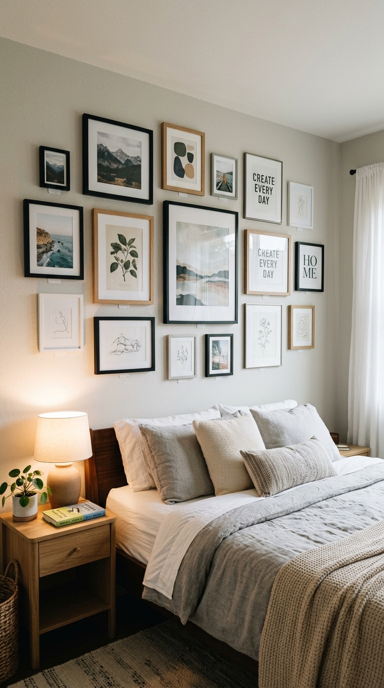 A renter-friendly bedroom decorating idea using damage-free strips to build a gallery wall