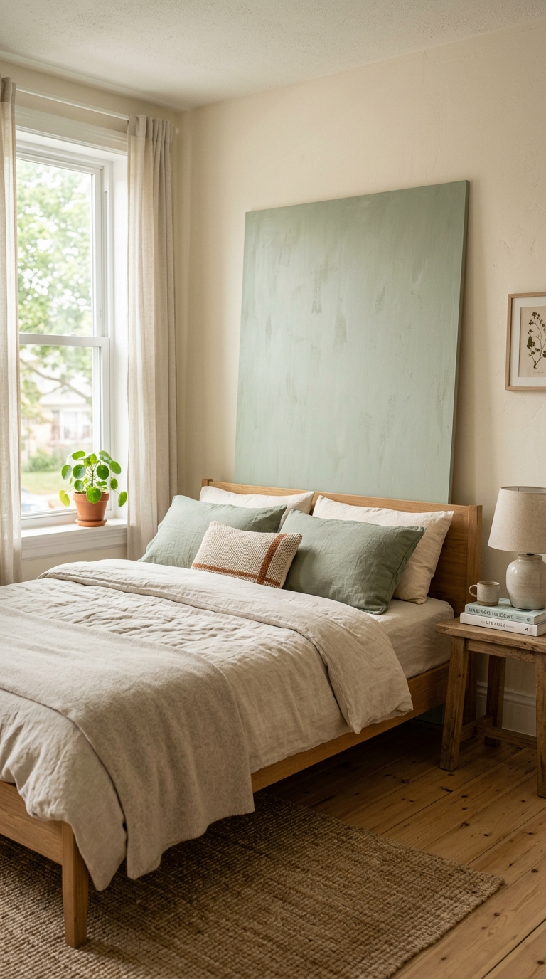 A leaning accent panel creates a bold, renter-friendly bedroom decorating idea without any wall damage.