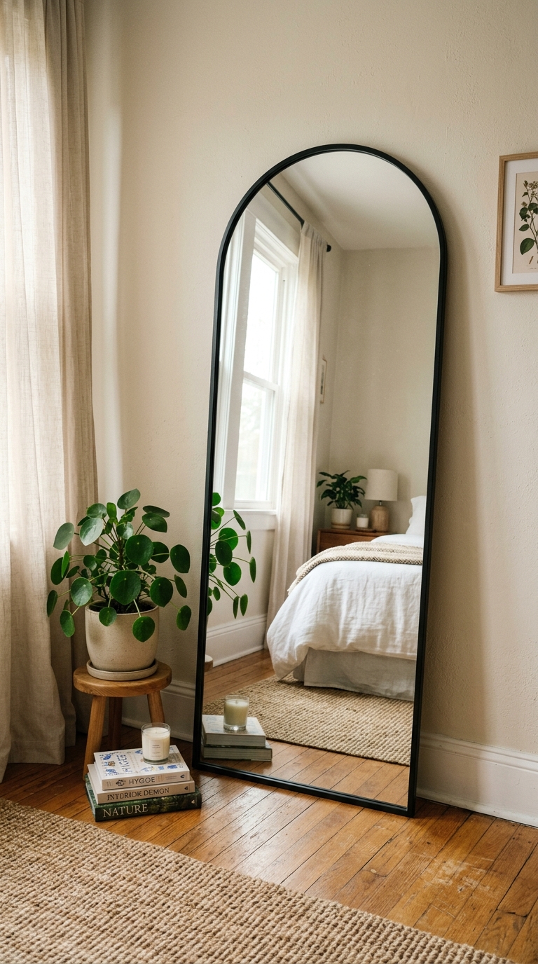 A leaning floor mirror adds light and style to this renter-friendly bedroom idea without wall damage