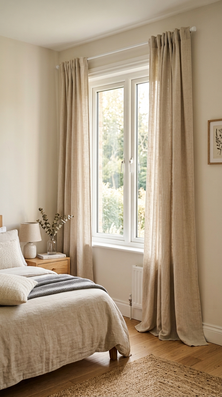 A renter-friendly bedroom idea showing curtains hung with a no-drill adhesive rod for a custom look