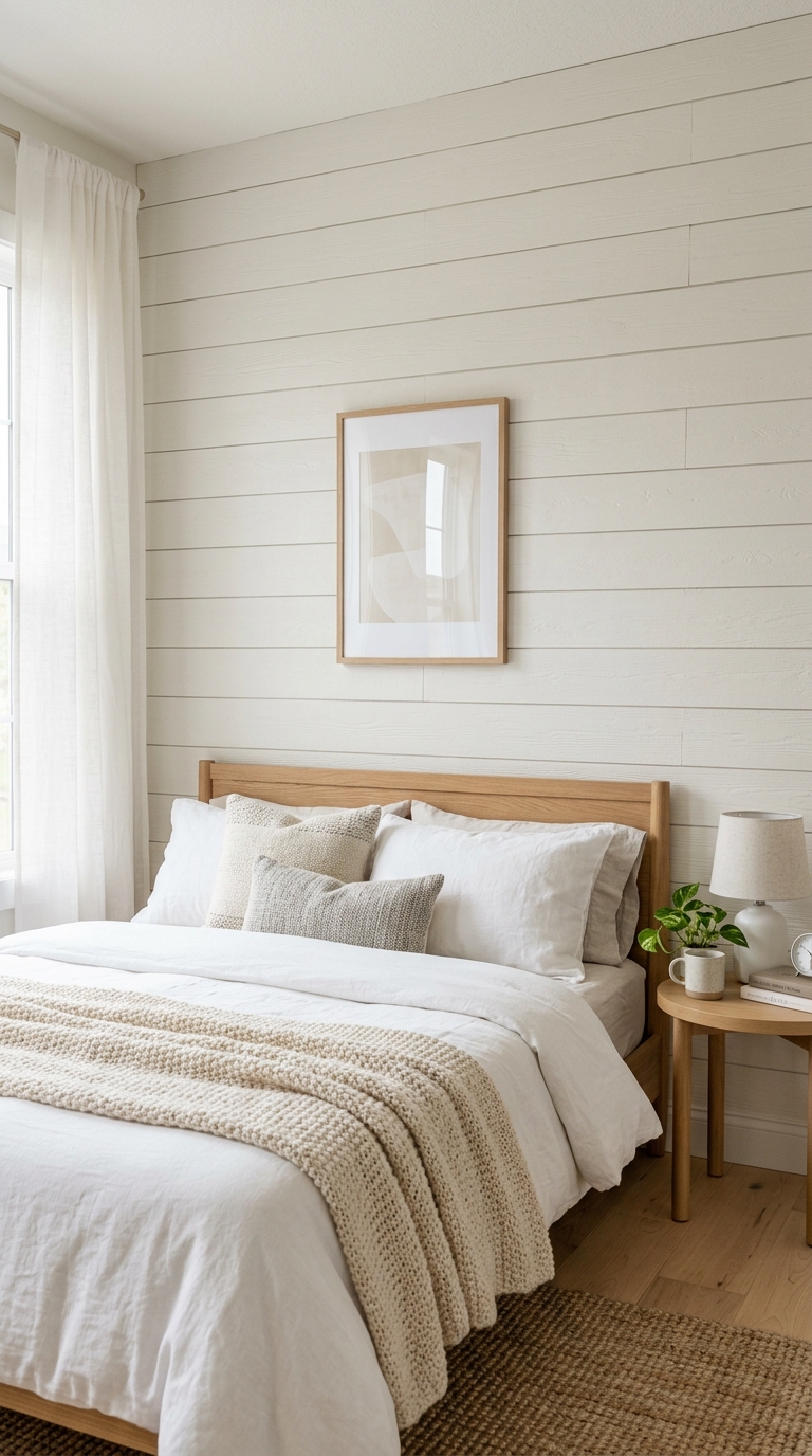 Peel-and-stick wall panels add texture to this renter-friendly bedroom decorating idea
