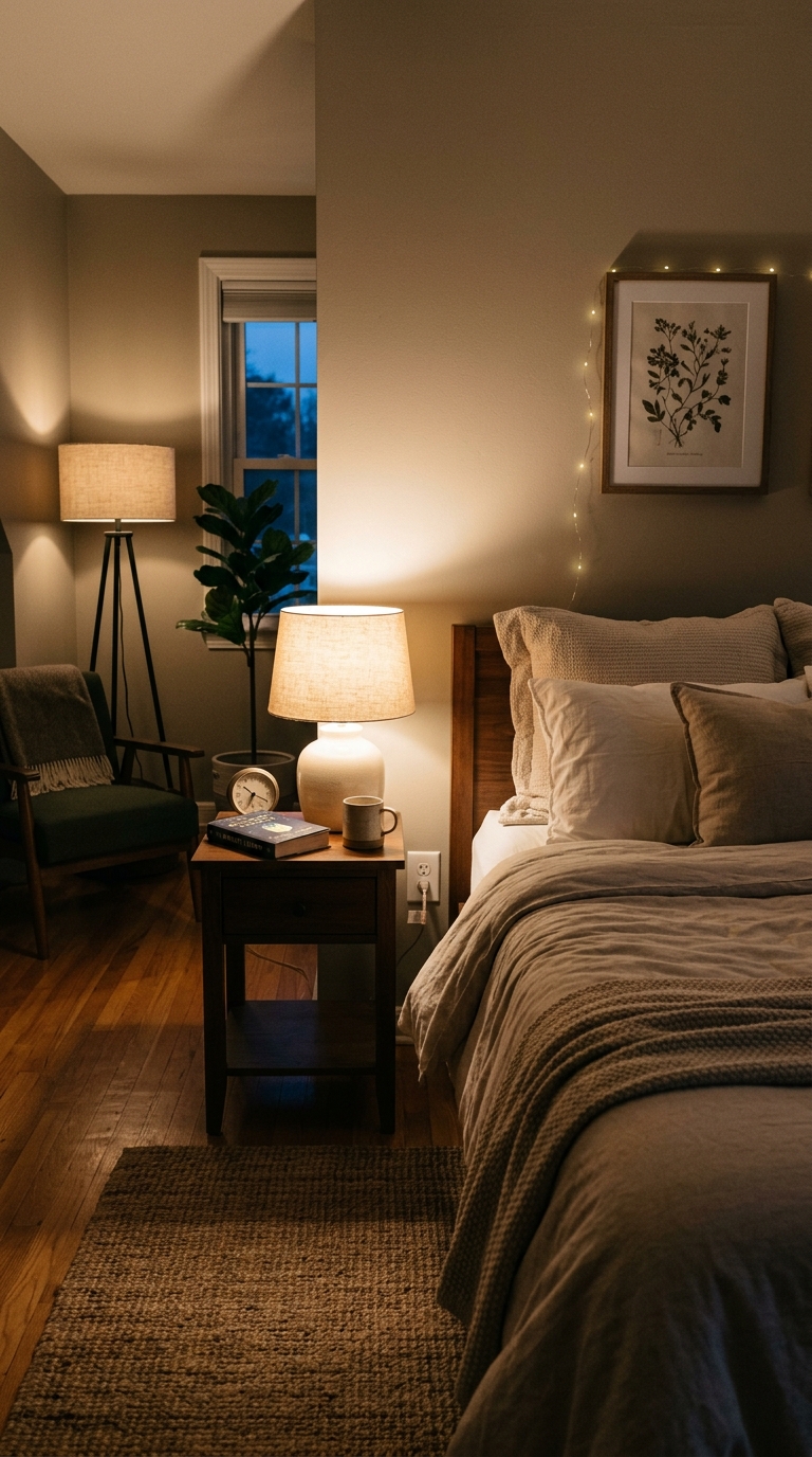 Warm plug-in lighting fixtures upgrade this renter-friendly bedroom decorating idea without electrical work