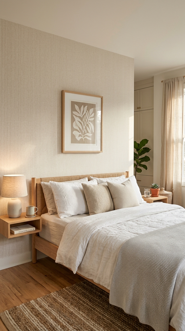 A renter-friendly bedroom idea using removable wallpaper to add color without damaging the wall.