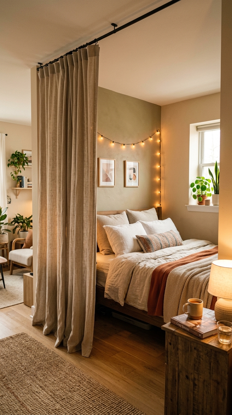 A curtain divider creates separate zones in this renter-friendly bedroom decorating idea for small spaces