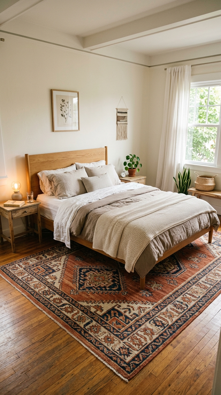 :A statement rug anchors this renter-friendly bedroom decorating idea with warmth and texture.
