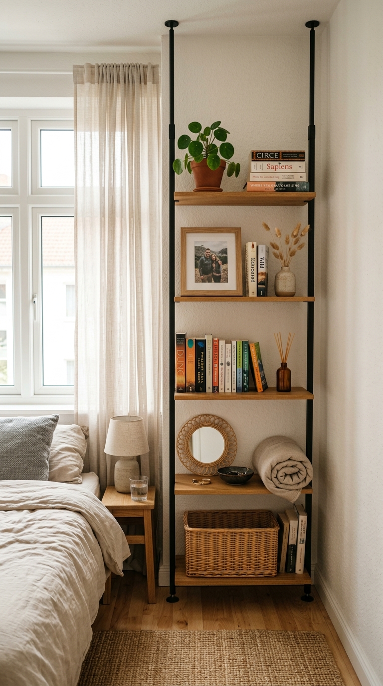 Tension-mounted floating shelves add display space to this renter-friendly bedroom decorating idea
