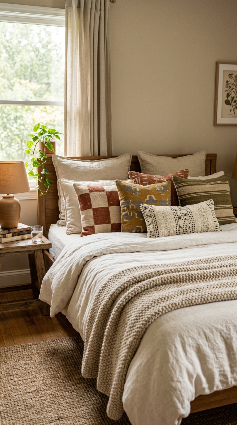 Layered textiles add personality to this renter-friendly bedroom decorating idea without any permanent changes.