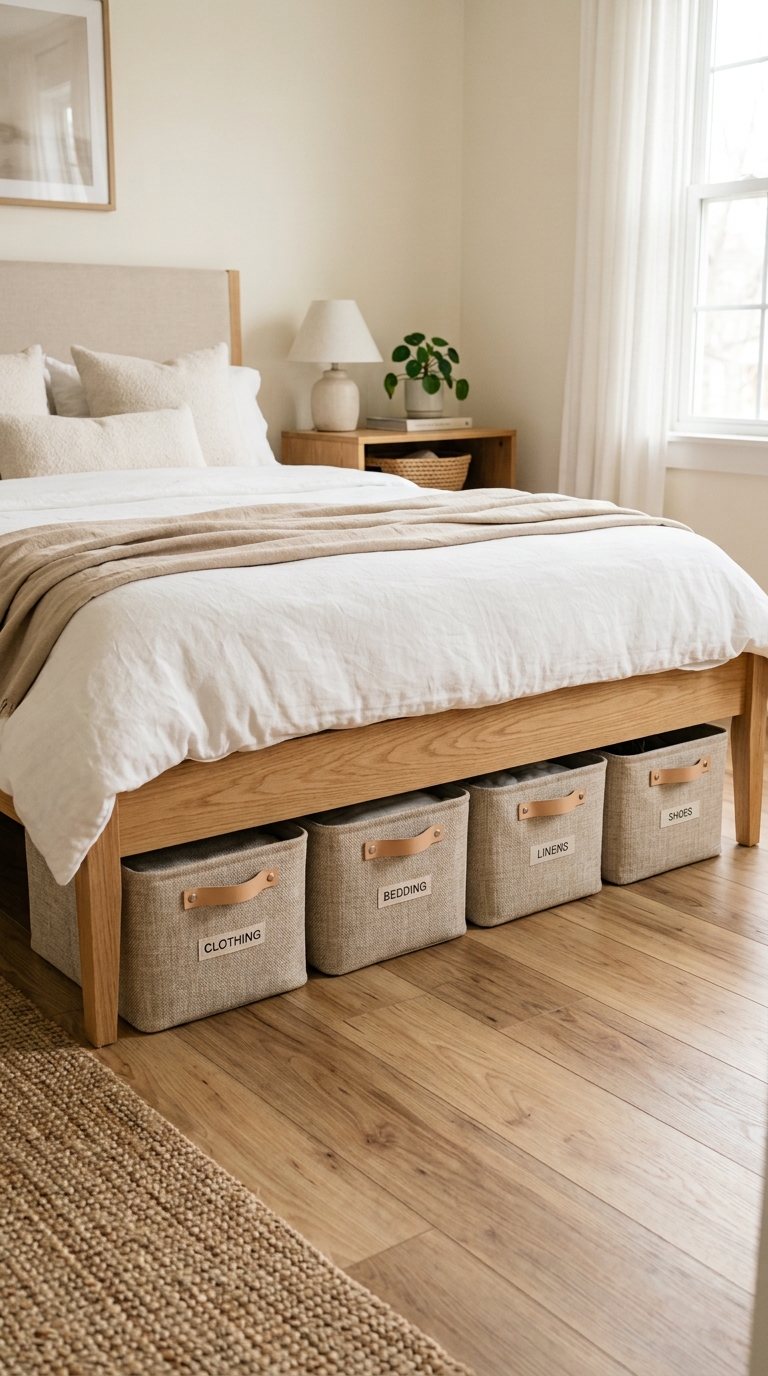 Under-bed storage bins maximize space in this renter-friendly bedroom decorating idea.