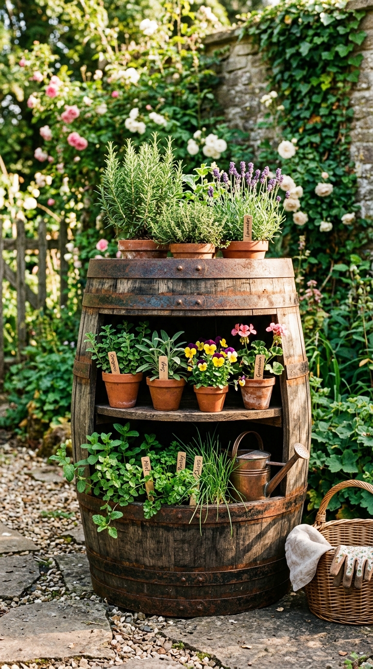 Repurposed wine barrel plant shelf styled with herbs in a rustic garden