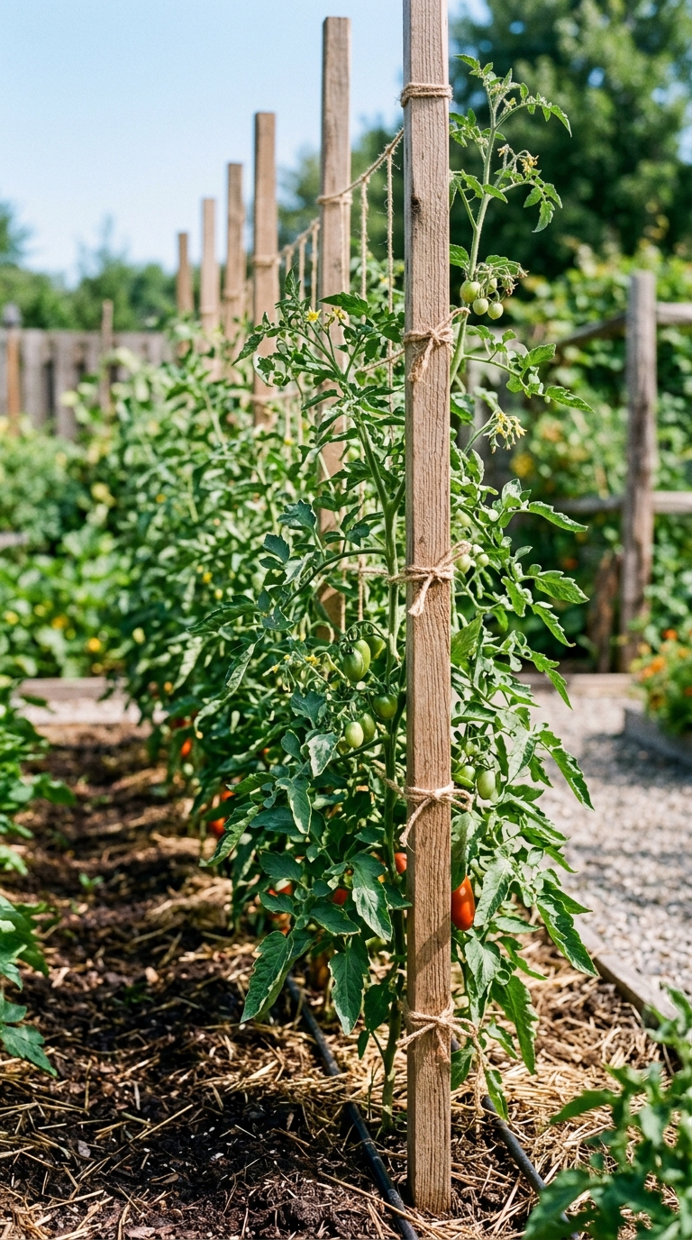 Repurposed wooden pallet tomato trellis with climbing vines in a farmhouse garden