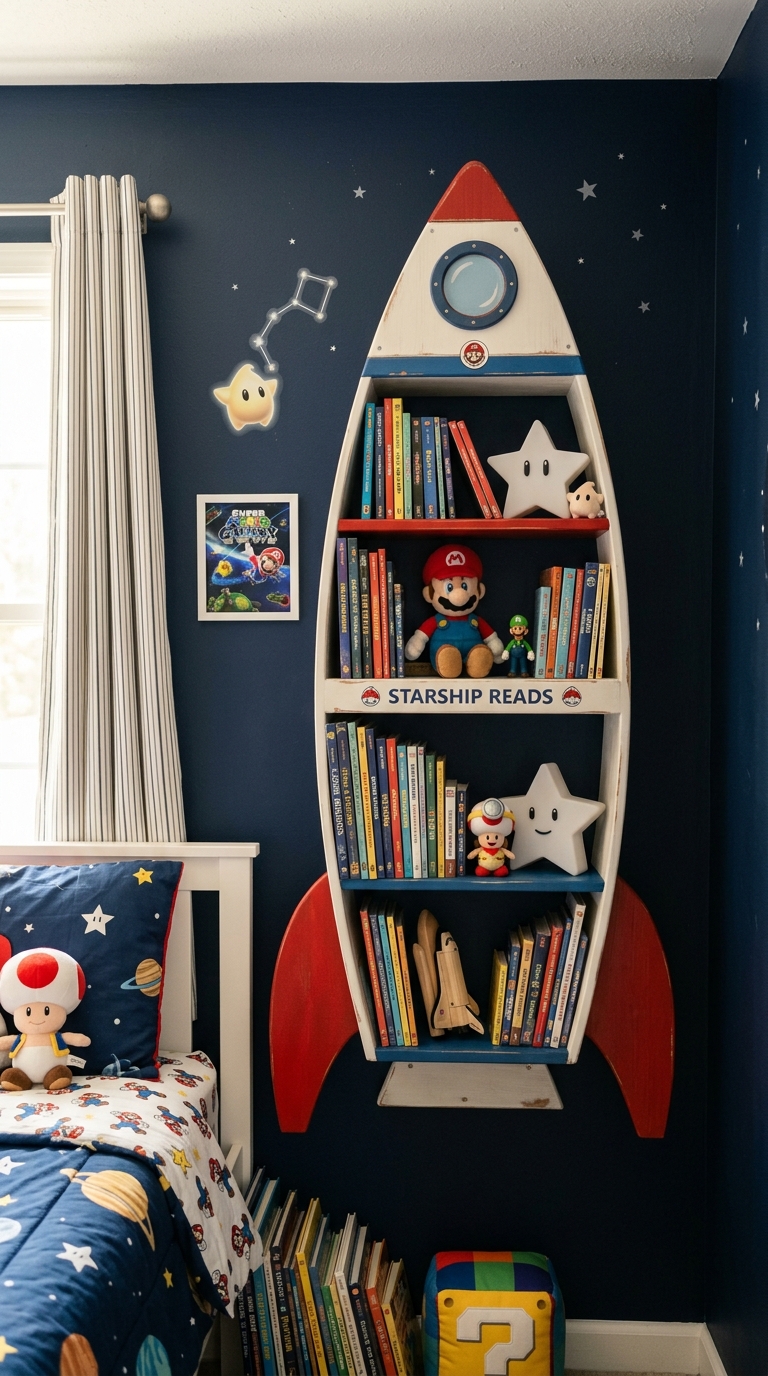 Rocket ship shaped bookshelf styled in a Mario Galaxy themed bedroom