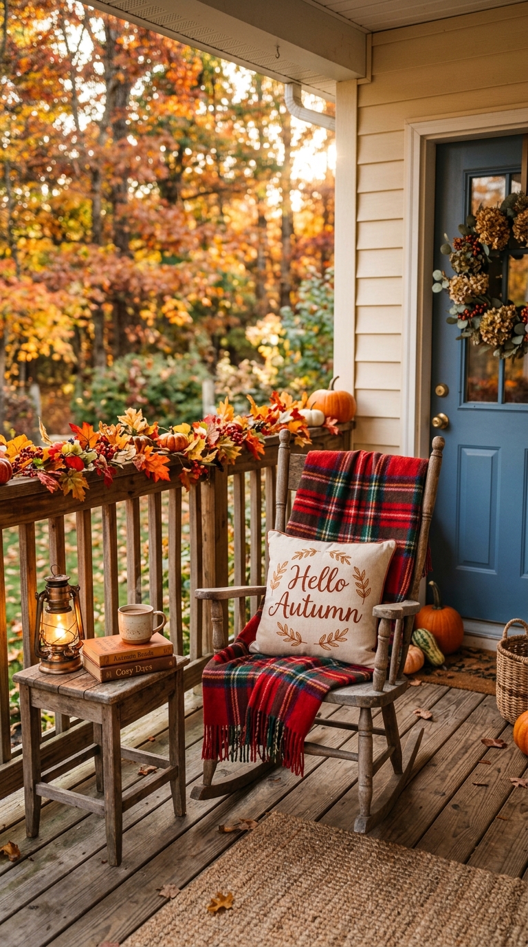 Rocking chair styled with a blanket for a cozy small fall front porch.