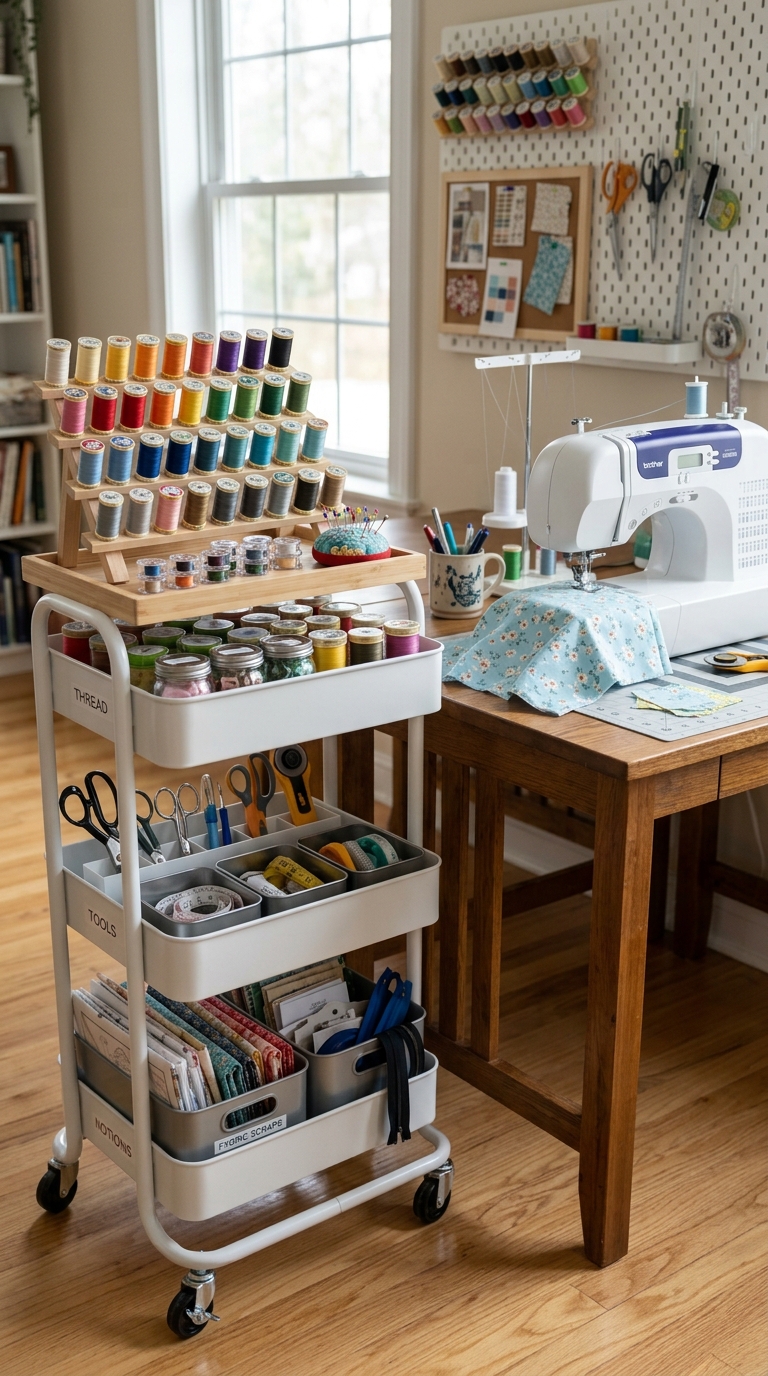 Rolling storage cart organizing sewing tools in a small craft space