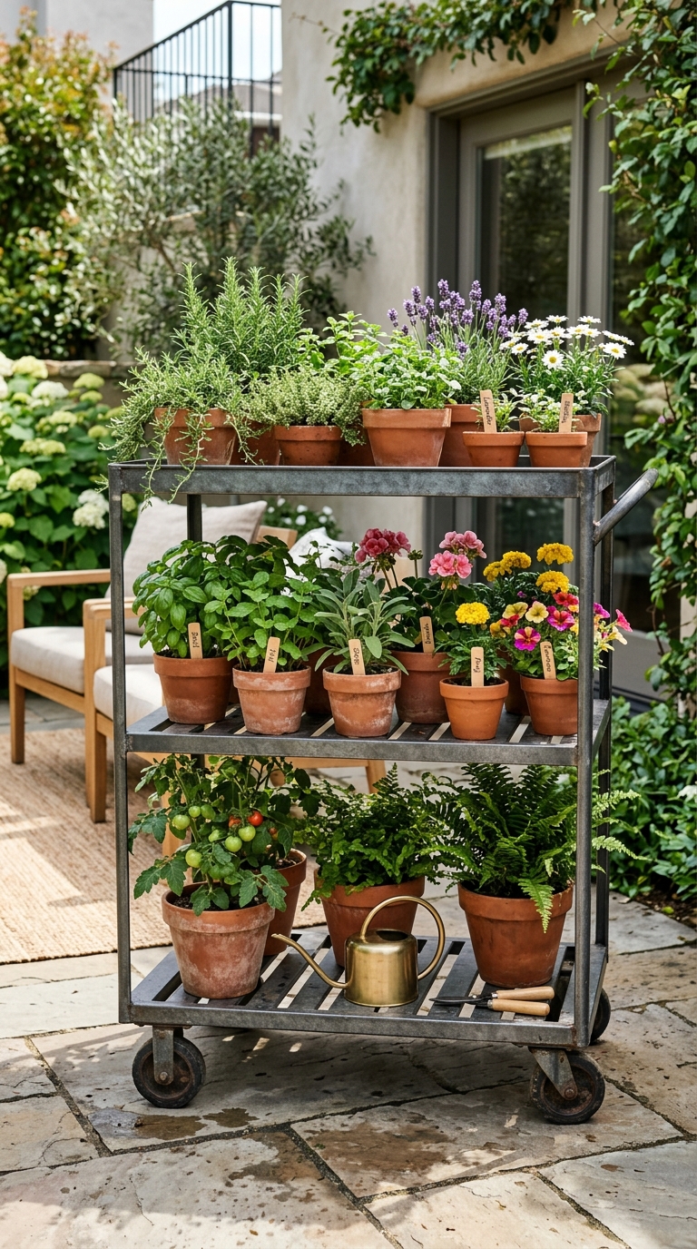 Rolling plant cart styled with herbs and flowers on a sunny patio