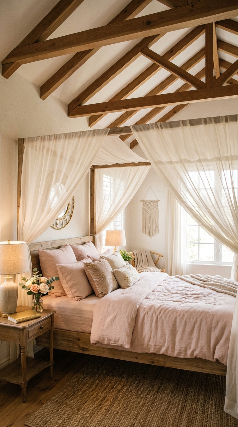 Romantic sheer canopy bed positioned under a vaulted bedroom ceiling with blush and gold accents