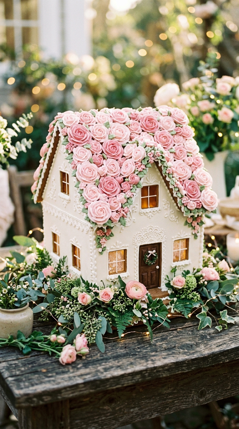 Gingerbread house roof covered in hand-piped pink roses, an elegant pink gingerbread house idea