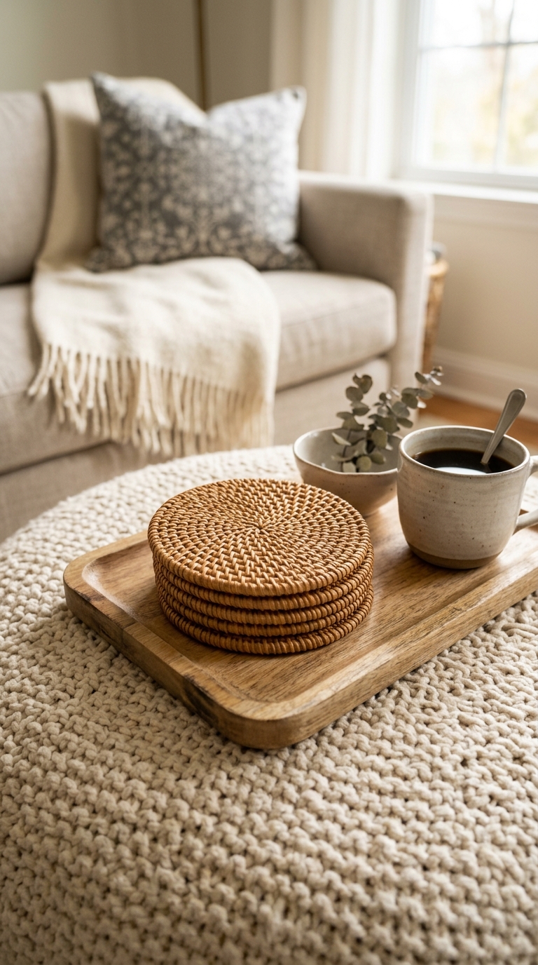 Round ottoman coffee table styled with a matching circular decor tray