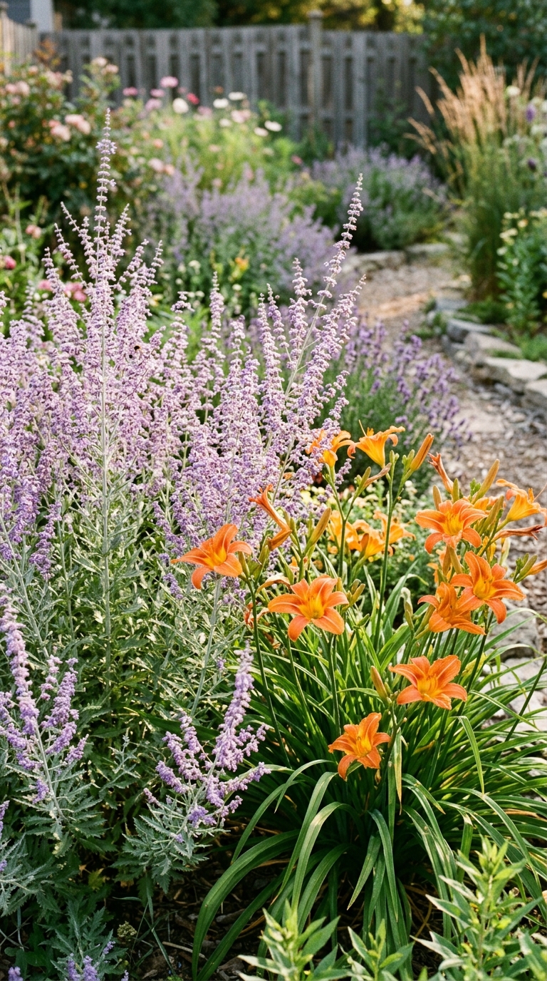 Russian sage growing as a companion plant beside orange daylilies