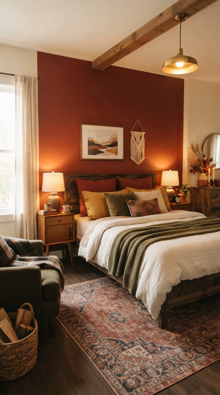 Rust red accent wall creating a warm, grounded bedroom atmosphere