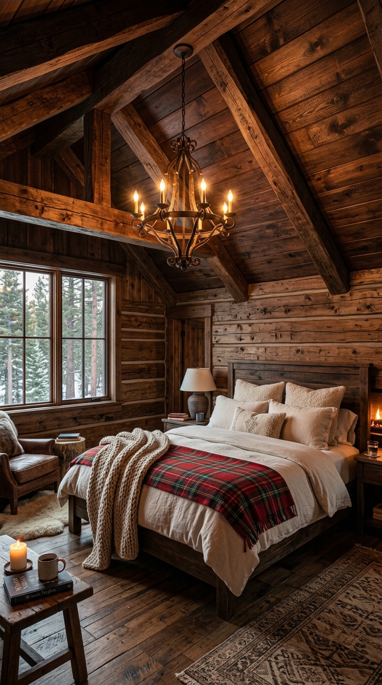 Rustic cabin bedroom with a deep walnut vaulted ceiling, exposed beams, and cozy plaid bedding