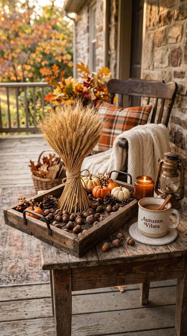 Rustic fall harvest display with dried wheat and acorns on wooden tray.