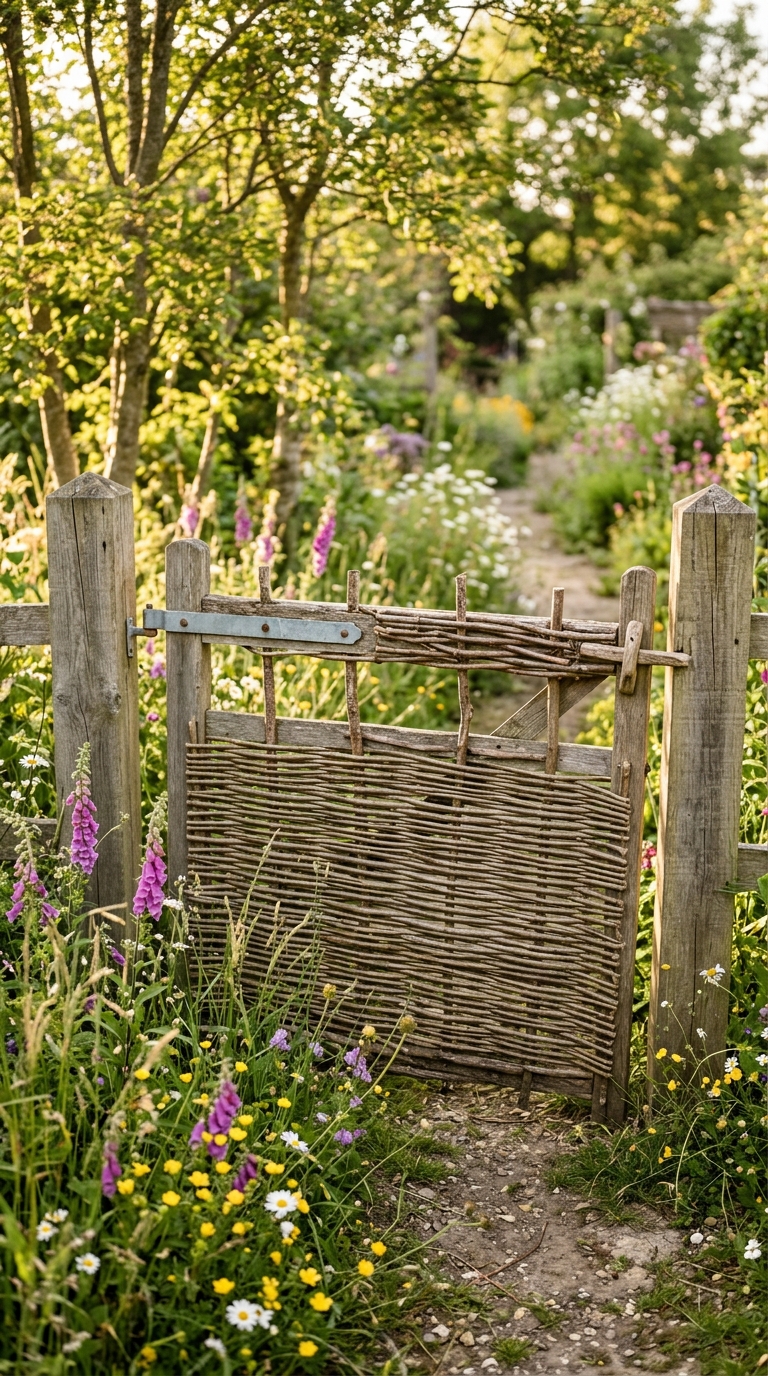 Rustic willow and twig garden gate idea for a cottagecore look