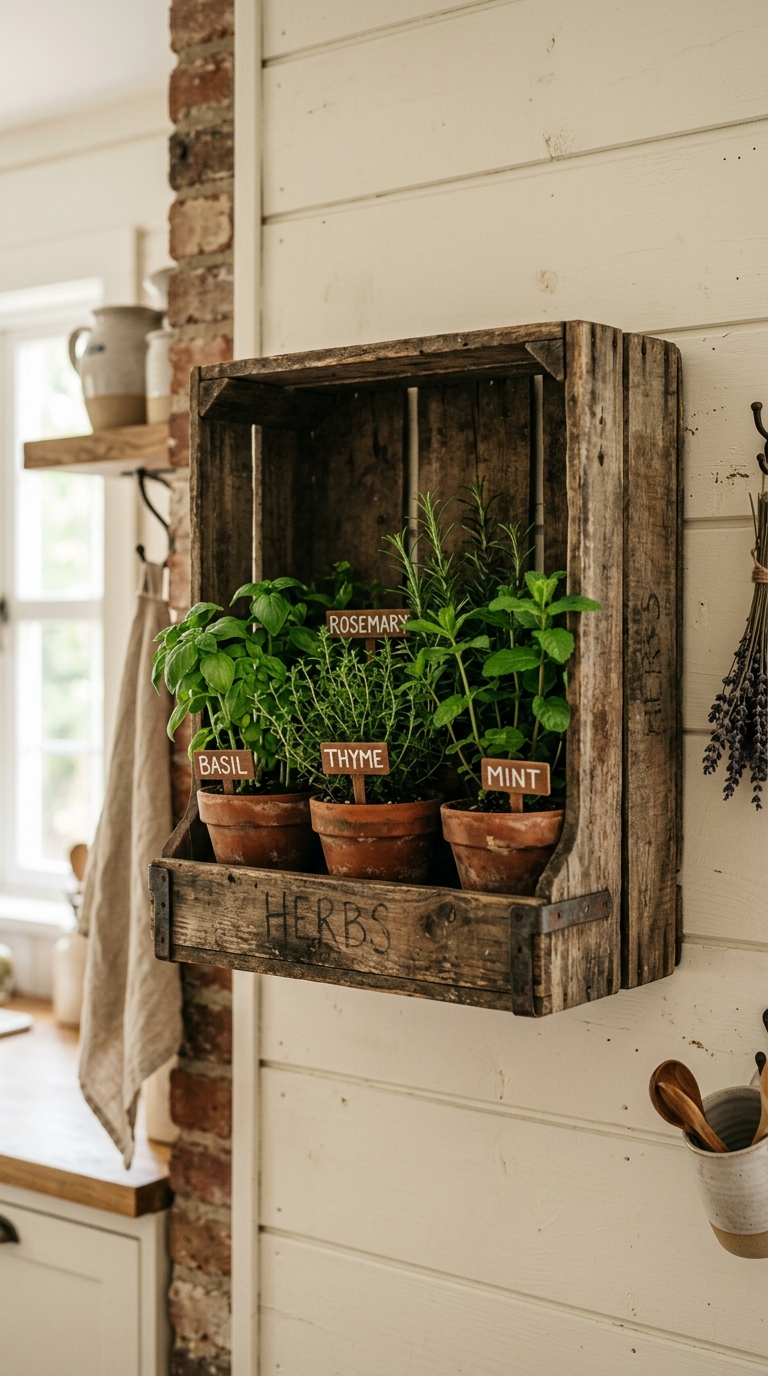 Rustic wooden crate used as a plant shelf in a farmhouse kitchen
