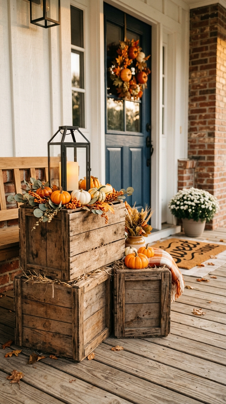 Stacked wooden crates with pumpkins for rustic fall front porch decorating.