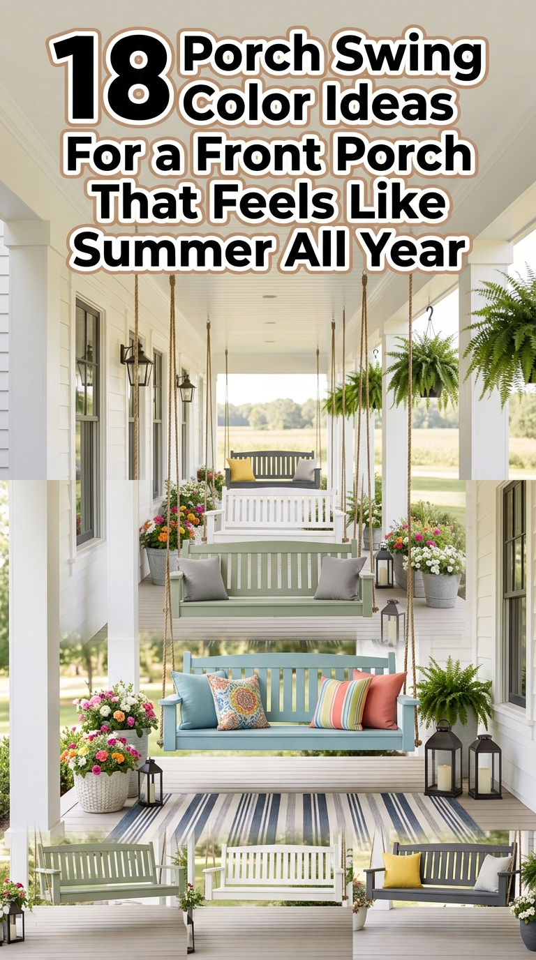 Sage green porch swing on a cozy summer front porch decorated with flowers, lanterns, and farmhouse outdoor decor.
