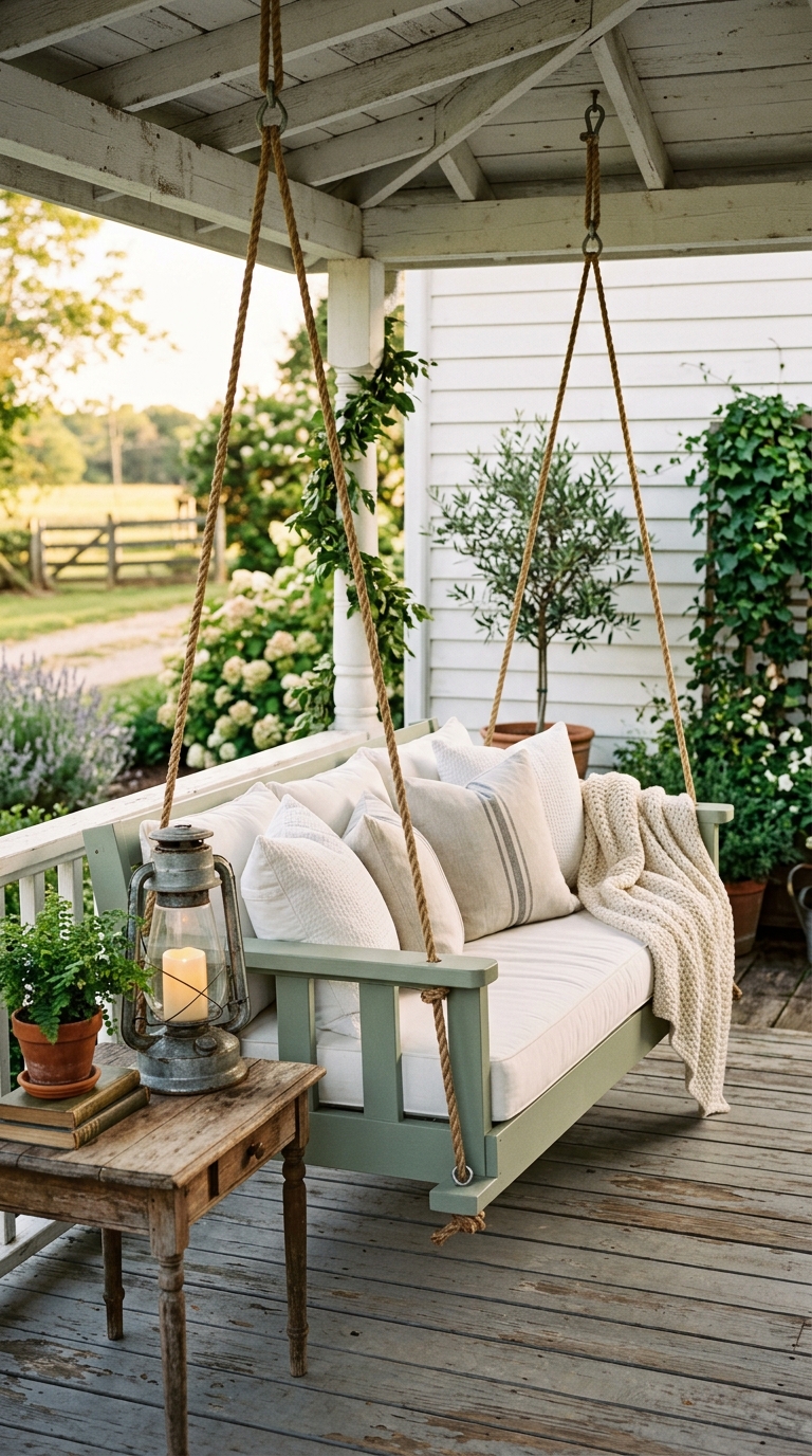 Sage green and white porch swing combo styled for a farmhouse porch