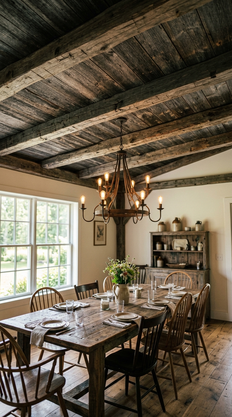 Salvaged barn wood ceiling in farmhouse dining room