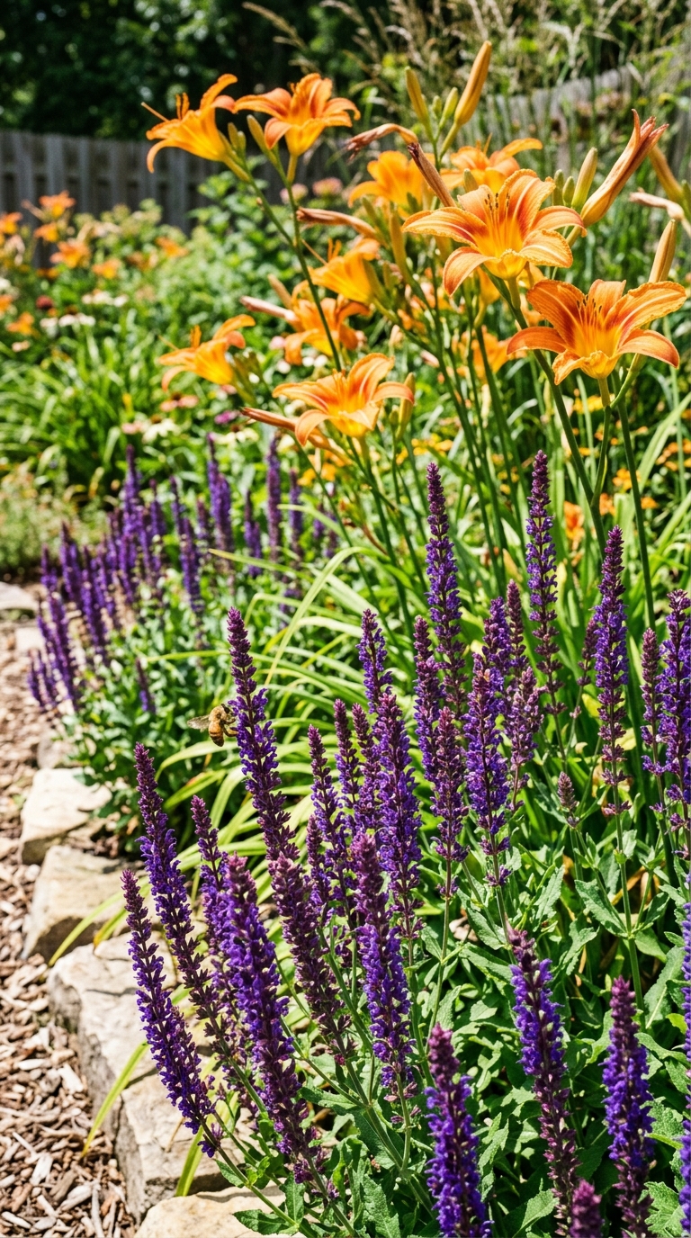 Purple salvia planted as a companion plant in front of daylilies