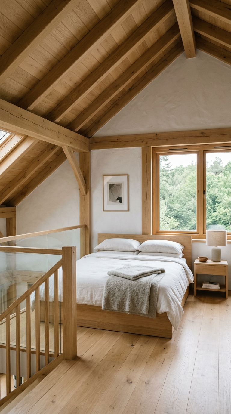 Scandinavian-style loft bedroom with light wood and minimal decor