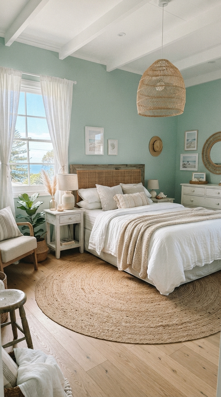 Seafoam green bedroom walls with a light, coastal, airy feel