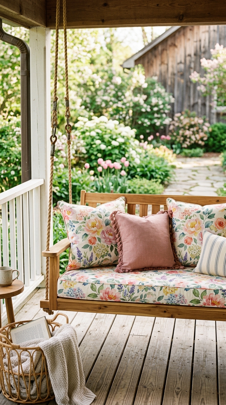 Porch swing styled with seasonal cushion colors for an easy refresh