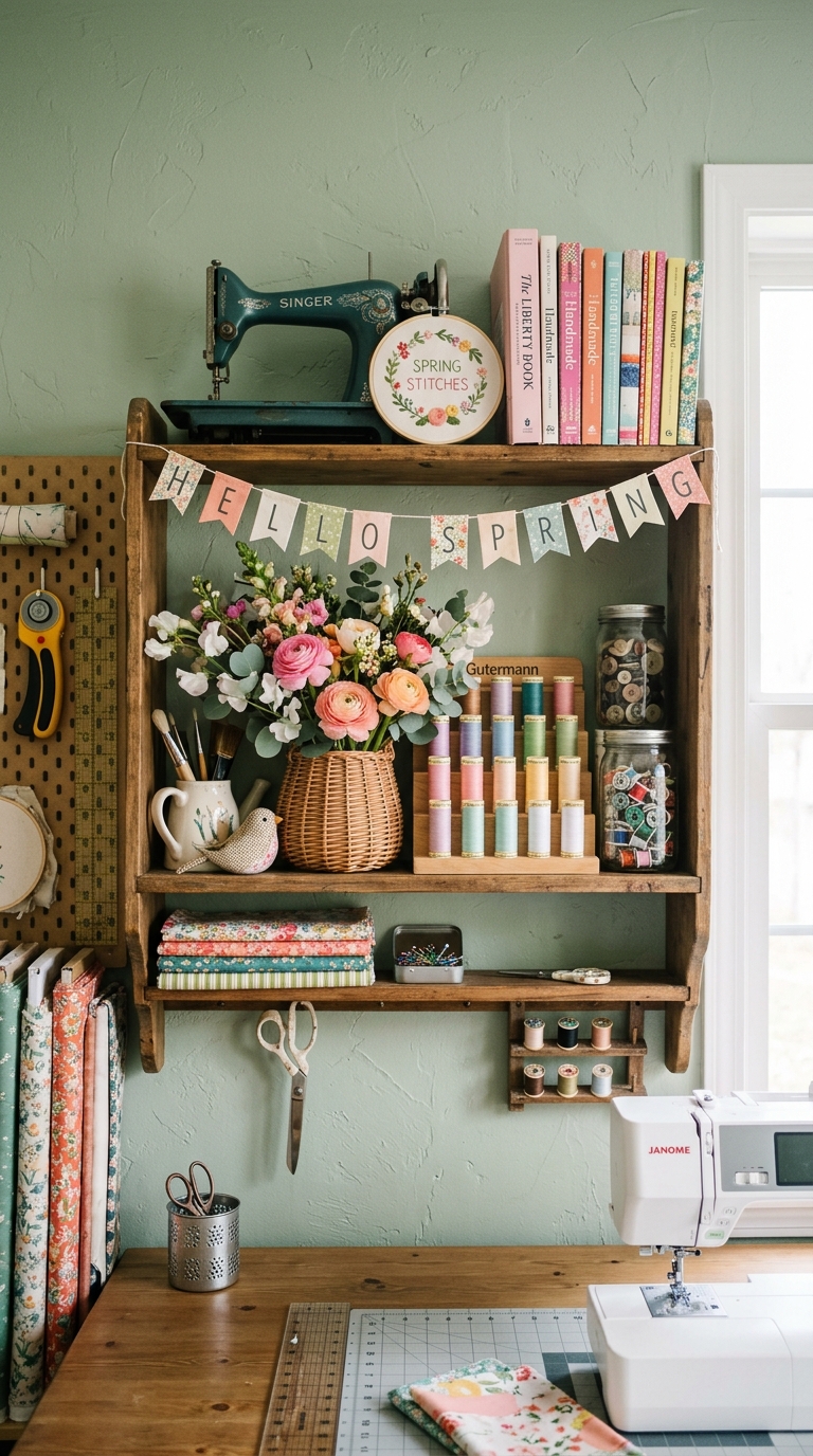 Seasonal decor accents styled on sewing room shelf