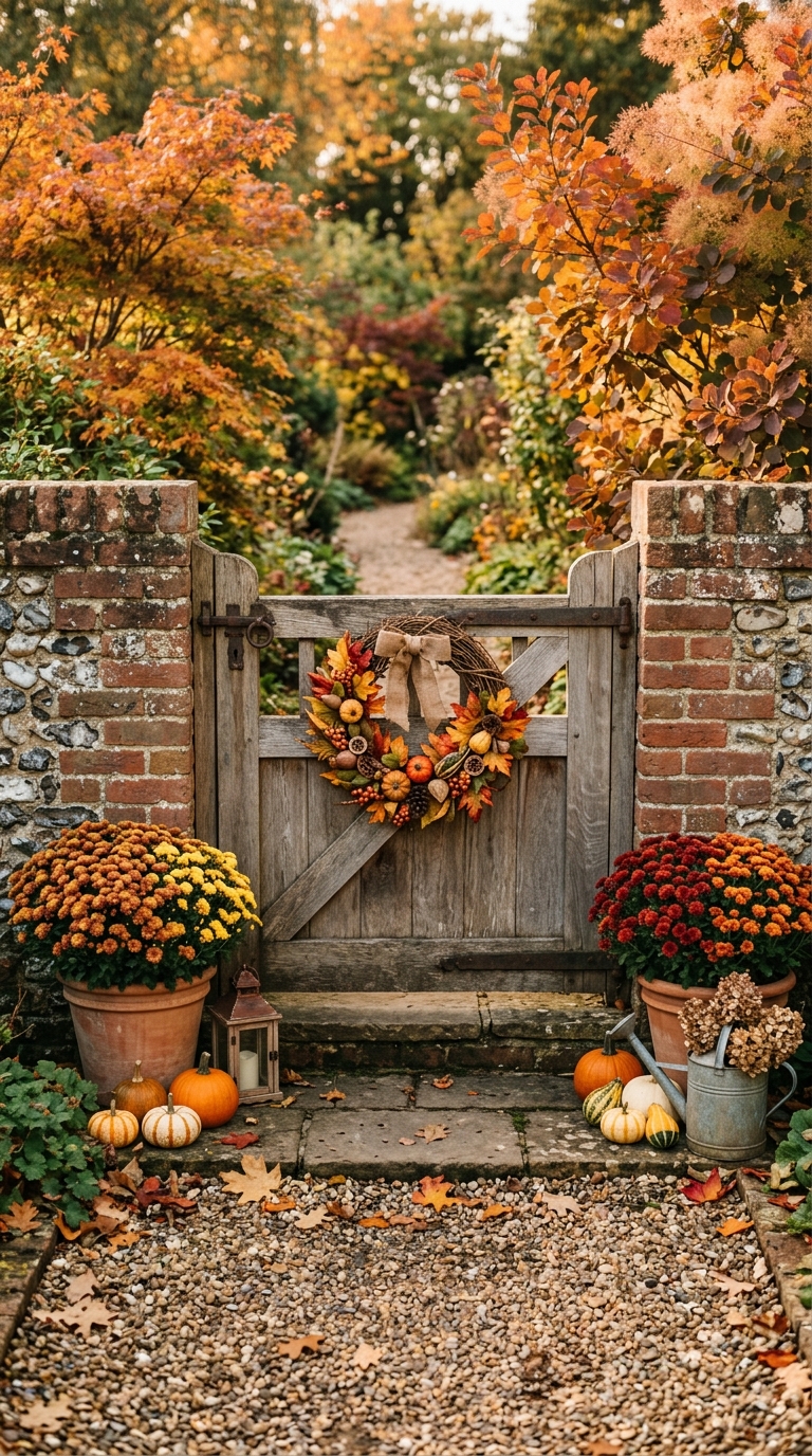 Seasonal garden gate styling idea with autumn wreath and potted mums
