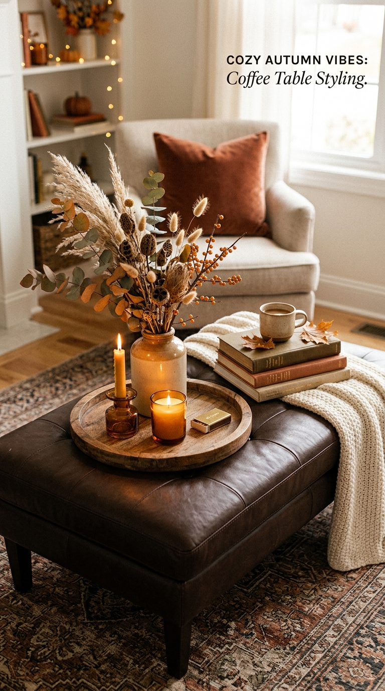 Ottoman coffee table styled with seasonal autumn-toned decor accents