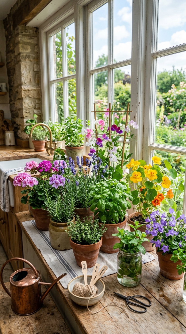 Rotating seasonal plants displayed on a kitchen windowsill throughout the year