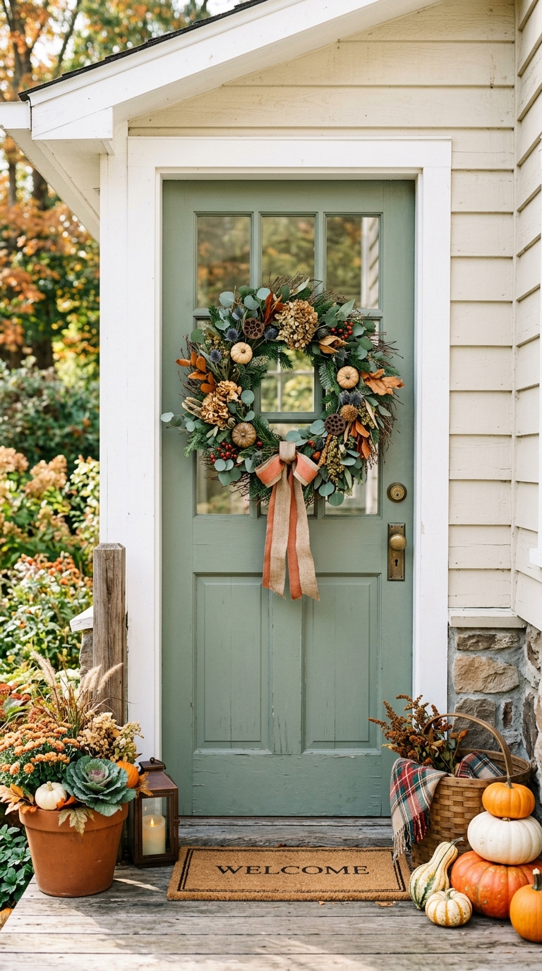 Seasonal wreath idea for decorating a small front porch door
