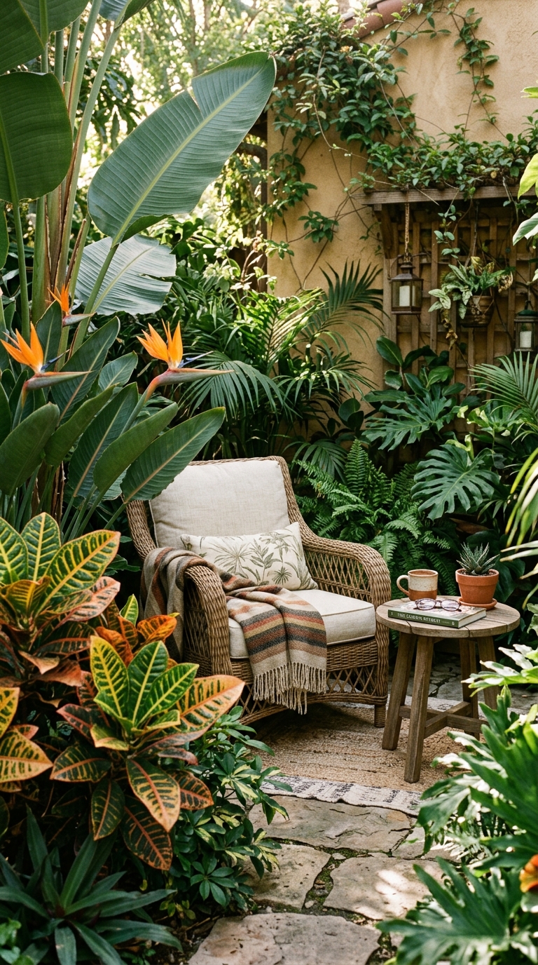 Secluded seating nook surrounded by tropical foliage in a small garden