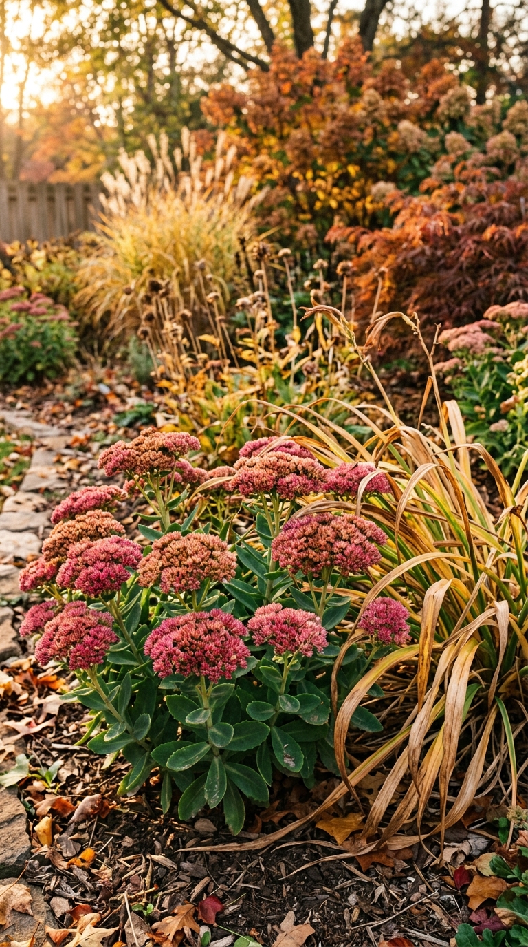 Sedum Autumn Joy planted as a fall companion plant for daylilies