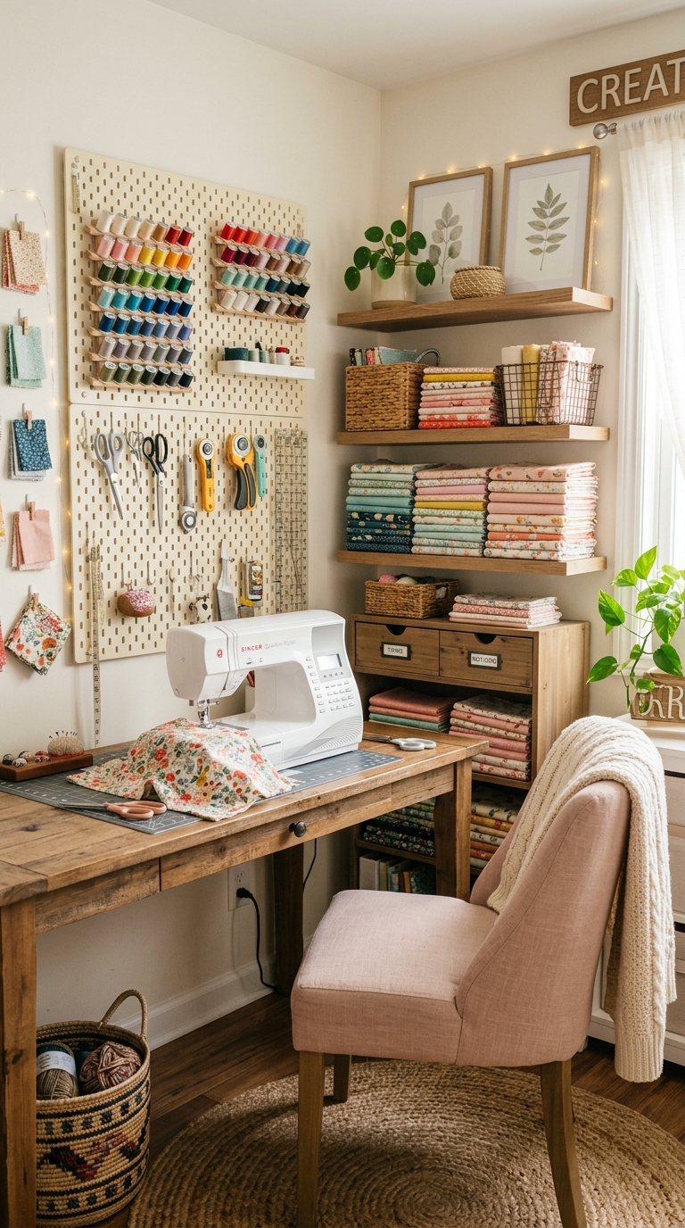 Cozy sewing room with organized fabric storage, sewing machine, and stylish craft room decor.