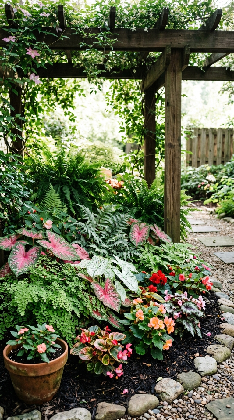 Shaded tropical garden bed with begonias and ferns under a pergola