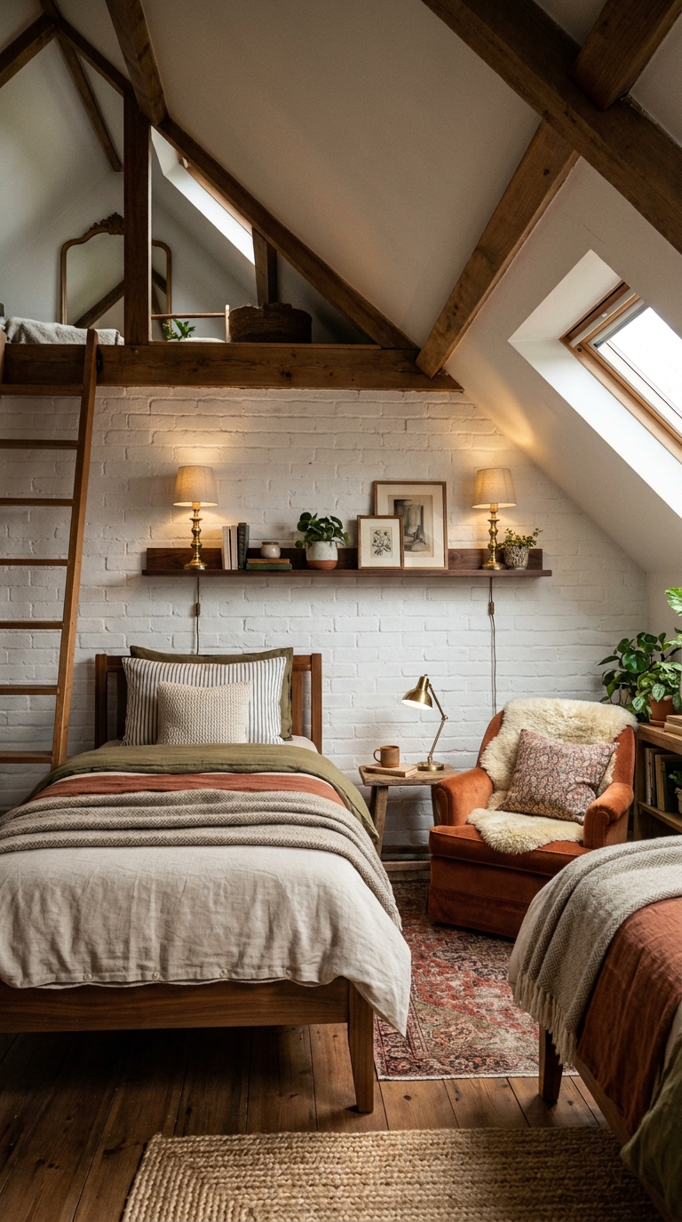 Shared loft bedroom for couples with wall-mounted shelf ledge