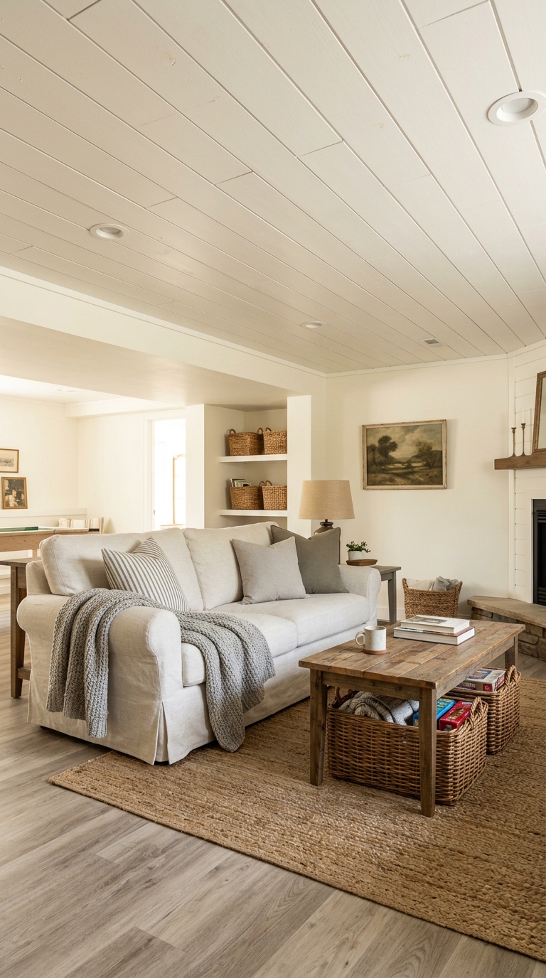 White shiplap ceiling in a farmhouse-style basement sitting area