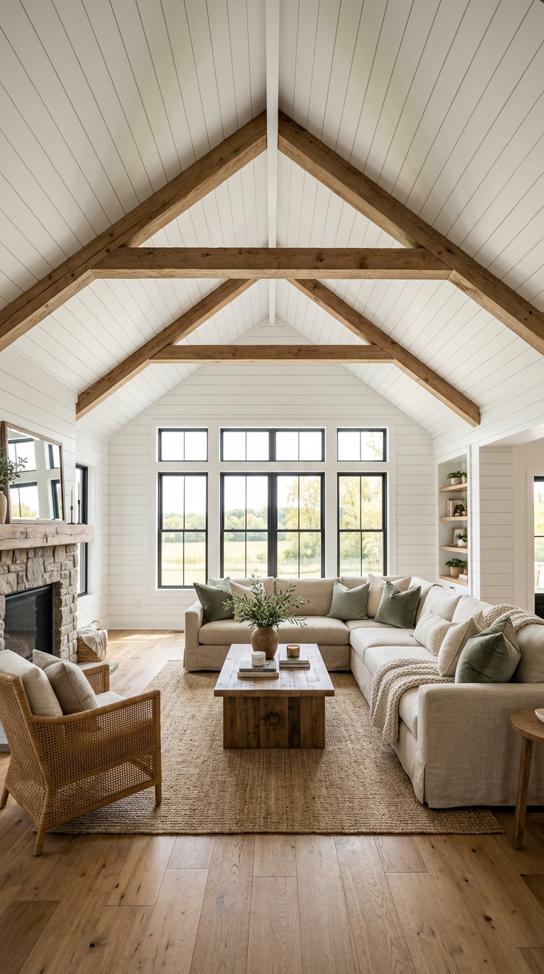 White painted shiplap vaulted ceiling in a farmhouse family room